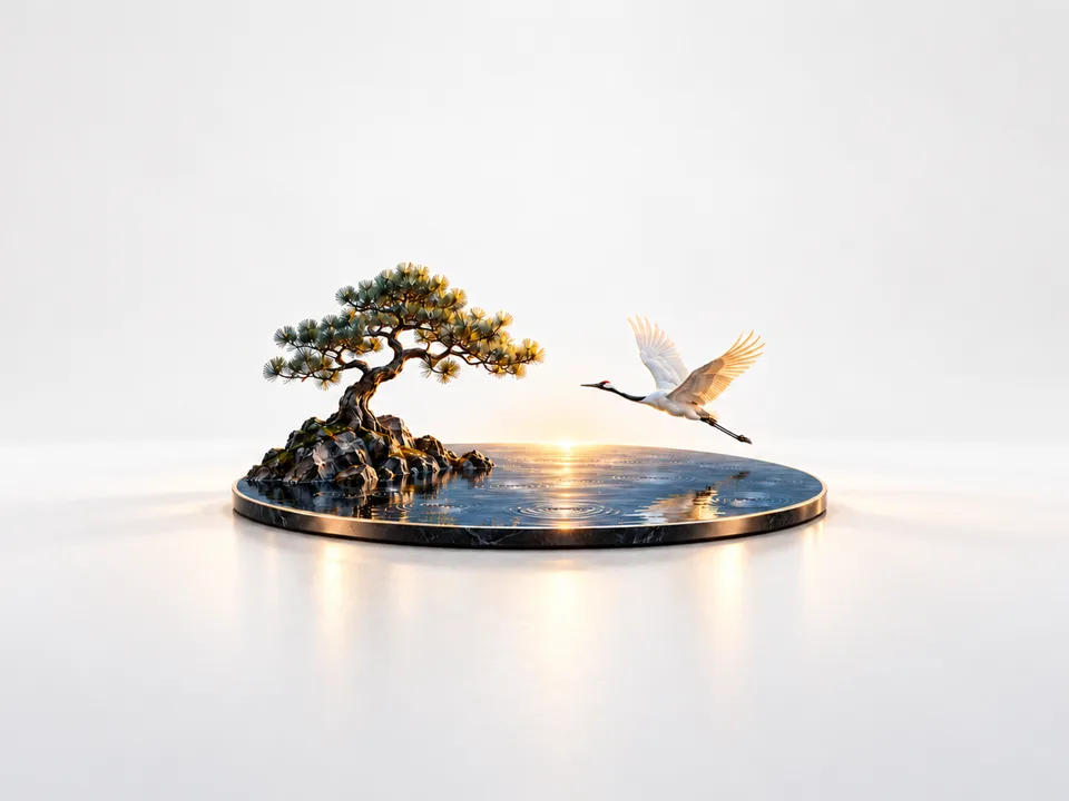 养老享福 主图:水面上的松树和一只飞过的白鹤